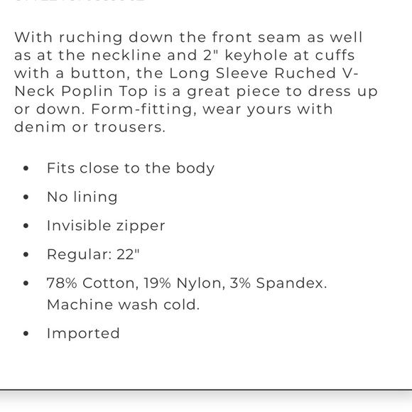 WHBM Long Sleeve Ruched V-Neck Poplin Top - Picture 4 of 6